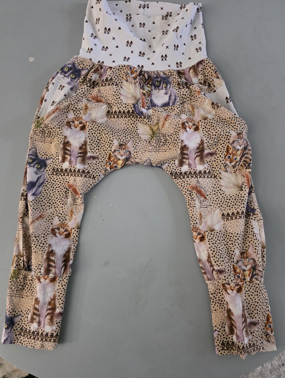 Kids Beige Cat-Print Leggings with Fold-Over Waistband